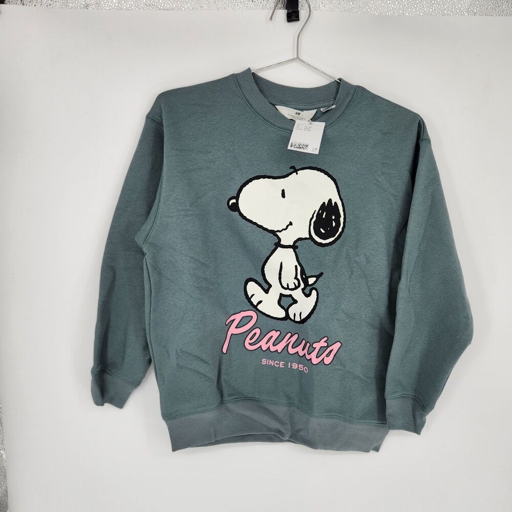 H&M Girl Turquoise Blue Peanuts Graphic Oversized Sweatshirt NWT